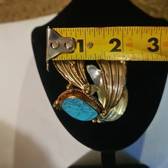 Vintage Brutalist Turqouis Sterling Silver And Copper Large Cuff Bracelet